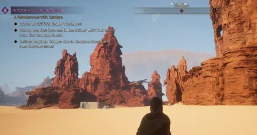 Third-person view of my character looking at a large cloud of sand approaching from 3km away, behind rocky outcroppings and base buildings in the distance