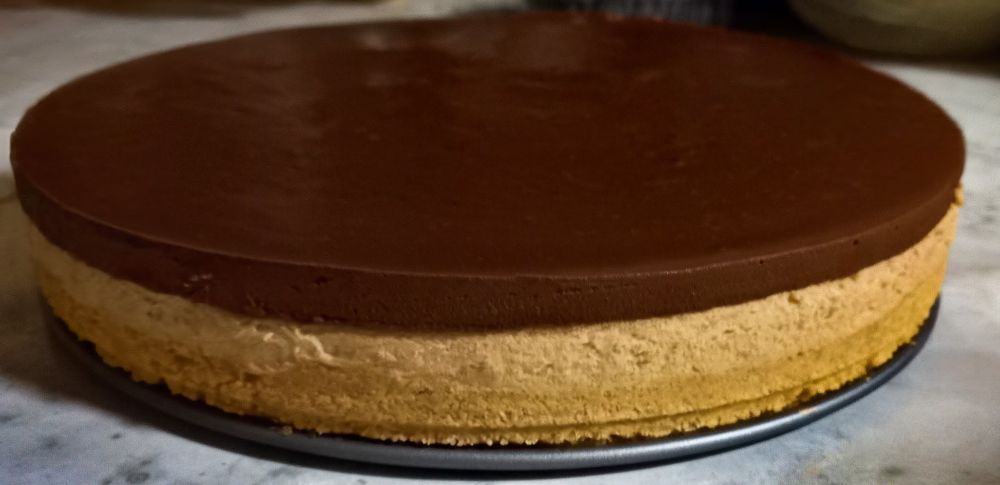A picture of a dark chocolate peanut butter tart. The chocolate layer is in top, with the peanut butter in the middle, and a graham cracker layer on the bottom. It is resting in a silver tray. 