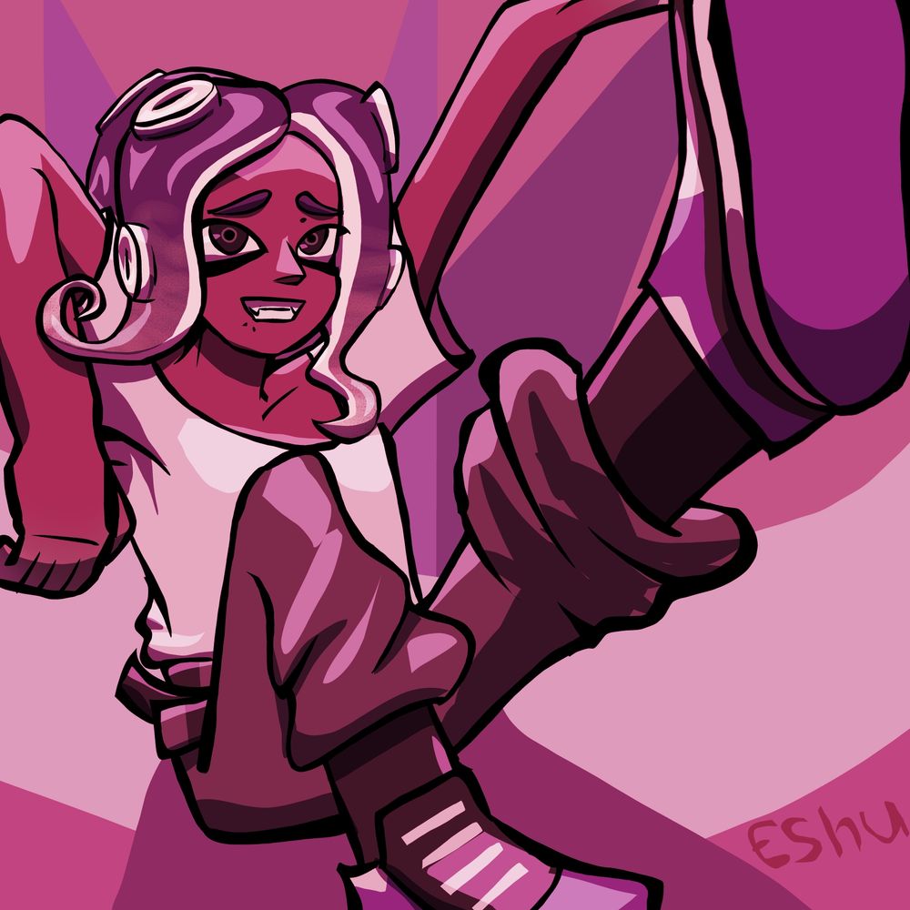 Pink octoling character sitting with leg straight against the screen and adjacent arm in the air