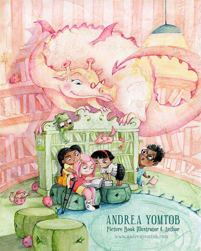 Dragon, dragon eggs, library, kids reading, magical