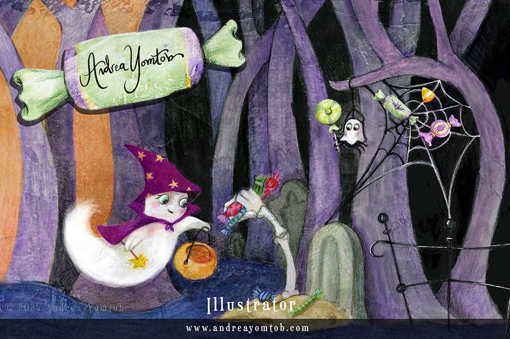 ghost in a wizard costume trick or treating. Spider in a ghost costume. Candy was caught in his web. A skeleton hand full of candy sticking out from a grave. Purple, orange, green, and black colors
