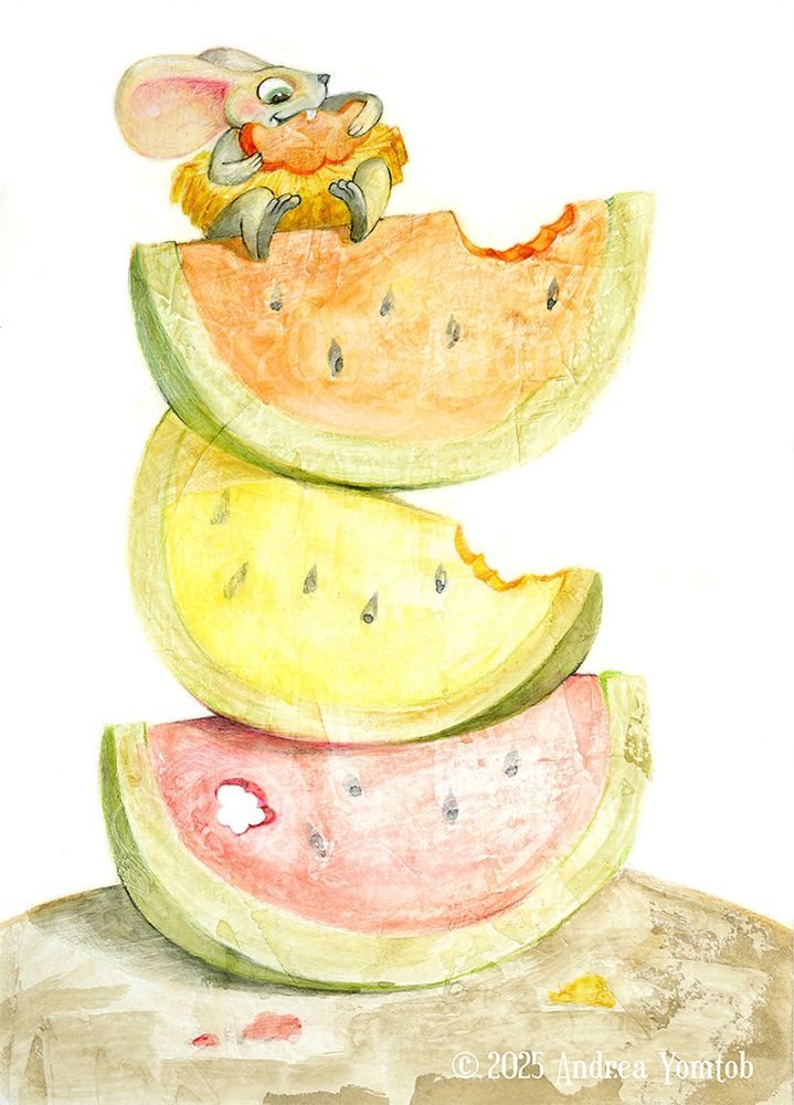 watermelons stacked, red, yellow, orange. Mouse eating through them.
