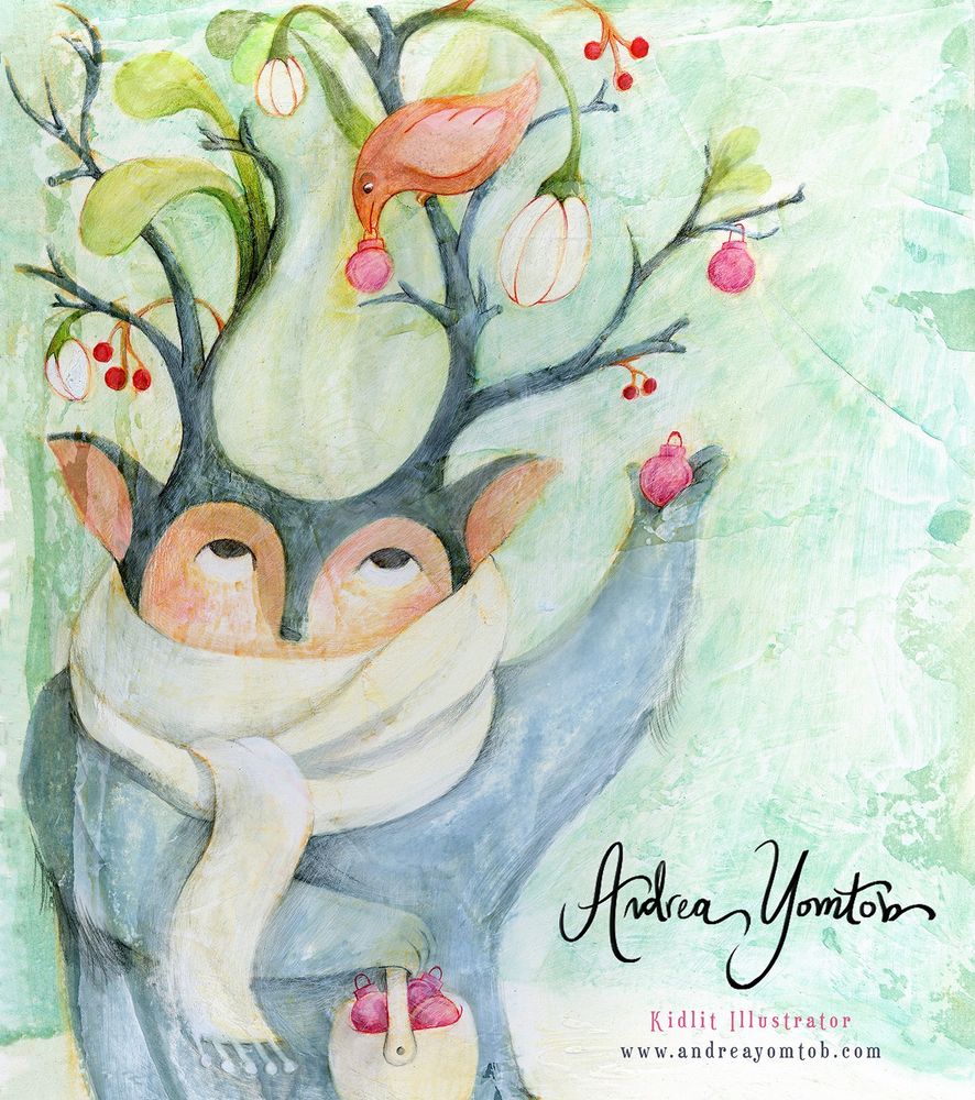 forest spirit holding ornaments. Passing ornaments up to a bird who is decorating his antlers with them