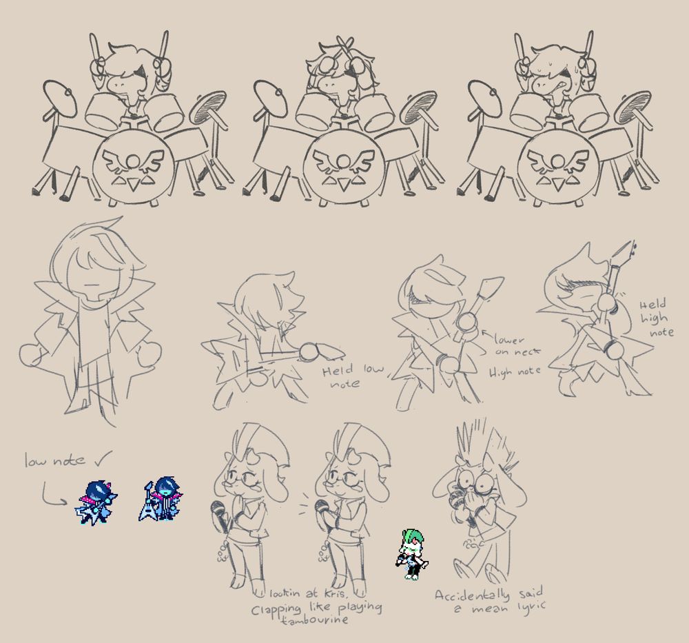 Some of the doodles I drew for Temmie of poses I needed sprites of for the rhythm minigame