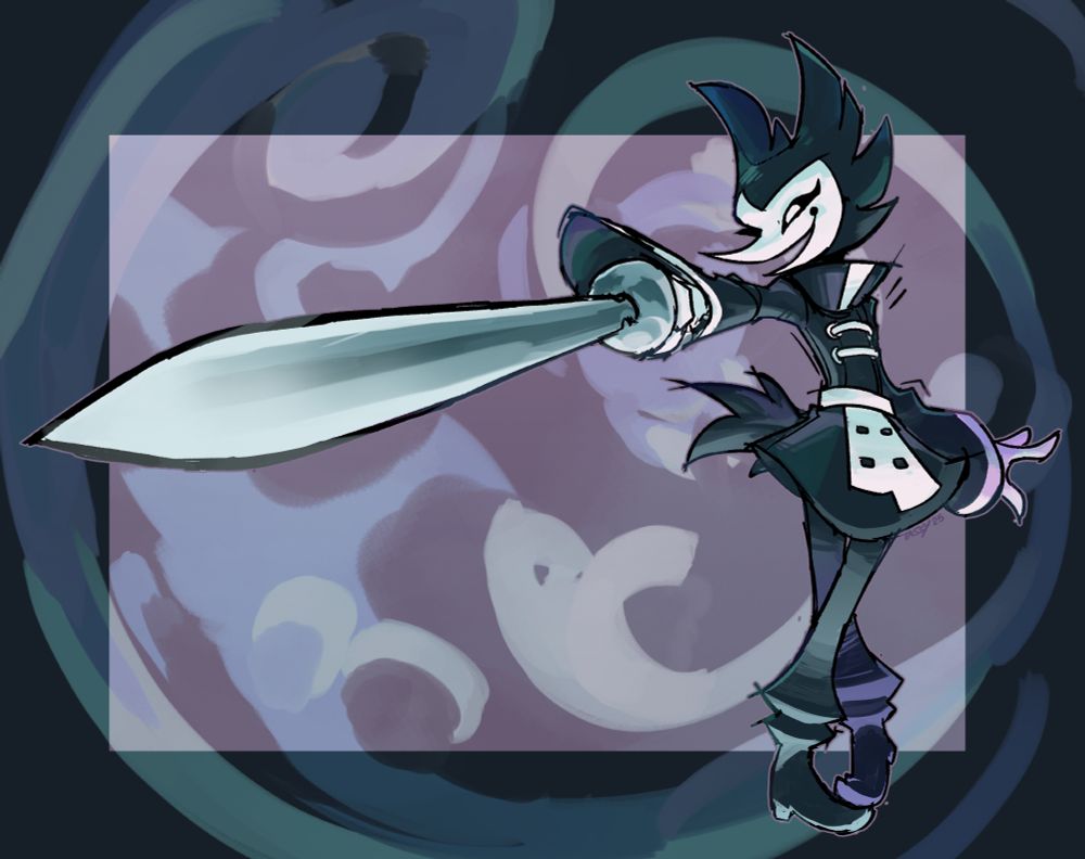 Esmy, avian sword fighter, her blade elegantly yet gleefully drawn and pointed near the viewer. LOOK OUT!!!