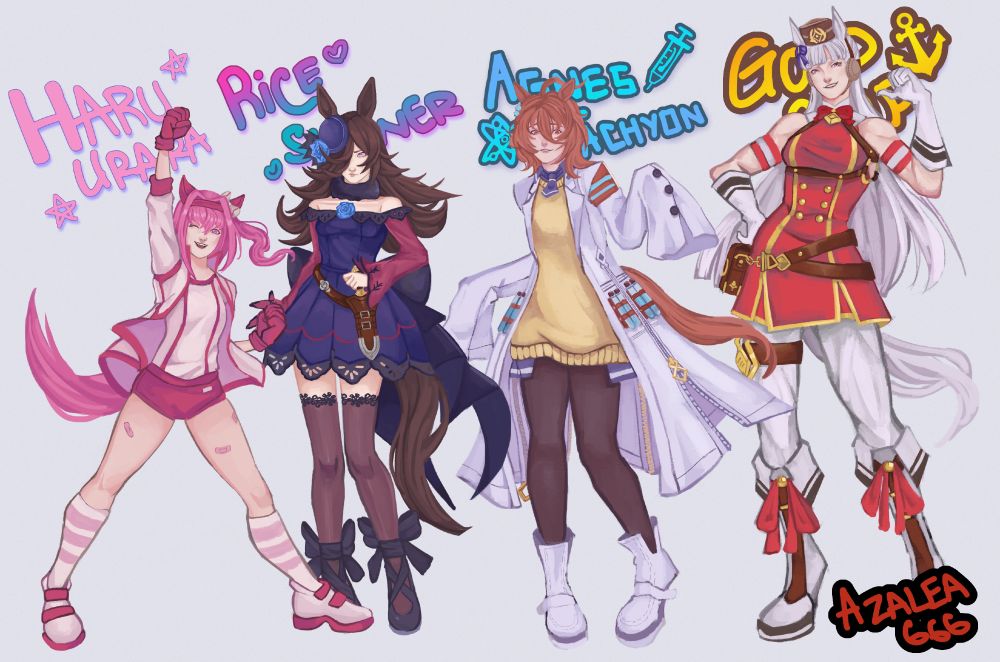 An illustration depicting Haru Urara, Rice Shower, Agnes Tachyon, and Gold Shower from the game Umamusume Pretty Derby