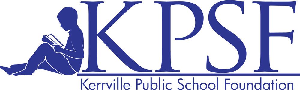 The logo for the Kerrville Public School Foundation shows the silhouette of a child reading a book while leaning against the letters 