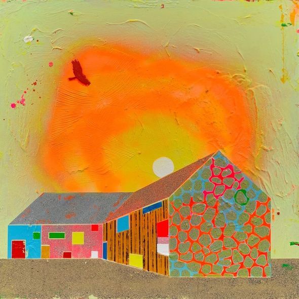 Painting shows a many-colored house or barn with spectacular yellow-gold sunburst just over the structure, pale greenish sky around sunburst, hawk in the sky.  Can’t do this one justice in words; don’t think James Joyce could do it justice