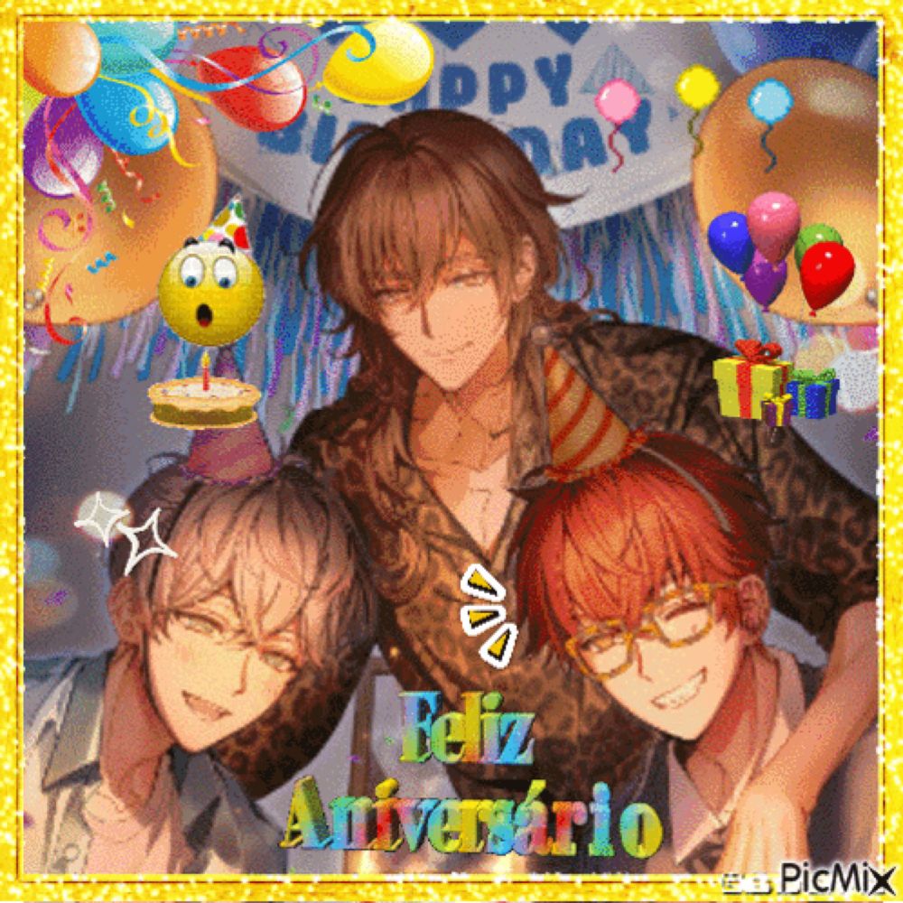 a picture of three anime characters with the words feliz aniversario written on the bottom