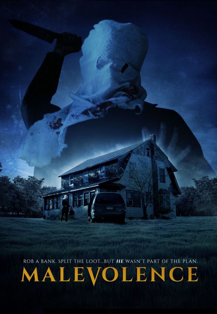 The poster for malevolence. A Knife wielding, figure with a bag over his face looms over a rural farmhouse