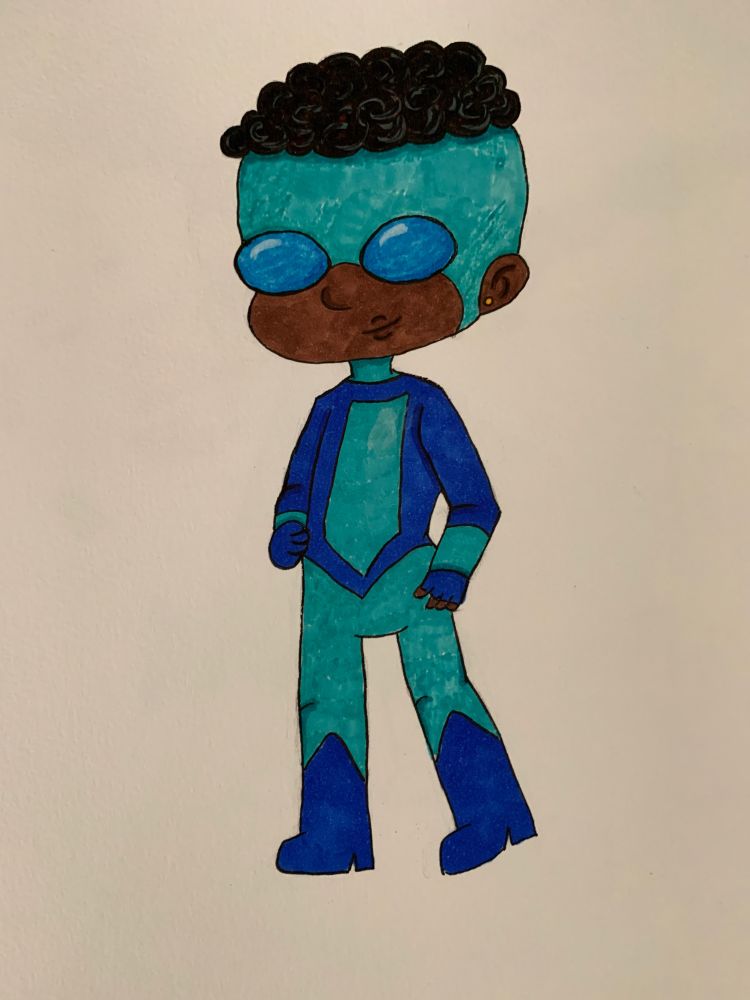 A drawing of a black superhero chibi Invincible wearing a blue suit in two different blue shades 