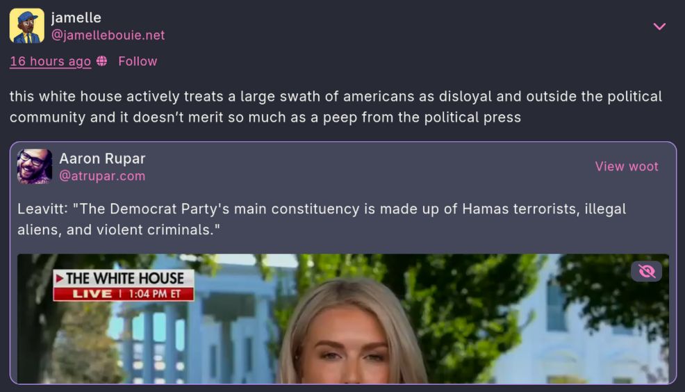 jamelle
@jamellebouie.net
this white house actively treats a large swath of americans as disloyal and outside the political community and it doesn’t merit so much as a peep from the political press

Aaron Rupar
@atrupar.com
Leavitt: "The Democrat Party's main constituency is made up of Hamas terrorists, illegal aliens, and violent criminals."