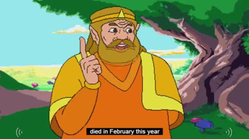 Image of King Harkinian from CD-i Zelda talking in the middle of a grassy field with a tree. Closed captions at the bottom read "died in February this year".