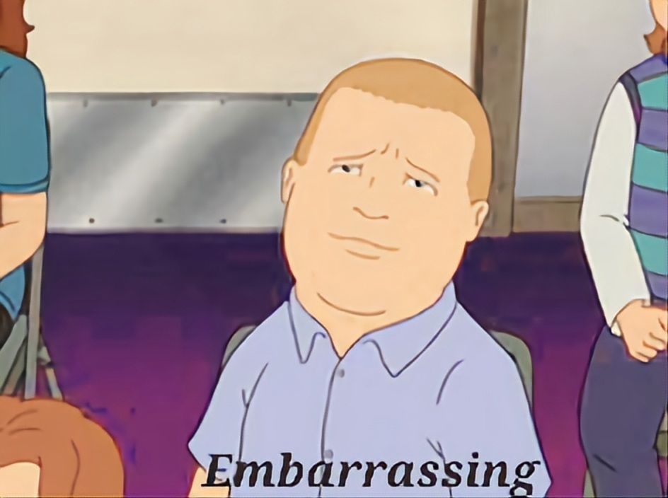 Bobby Hill, tilting their head with brow furrowed. EMBARRASSING captioned along the bottom of the image
