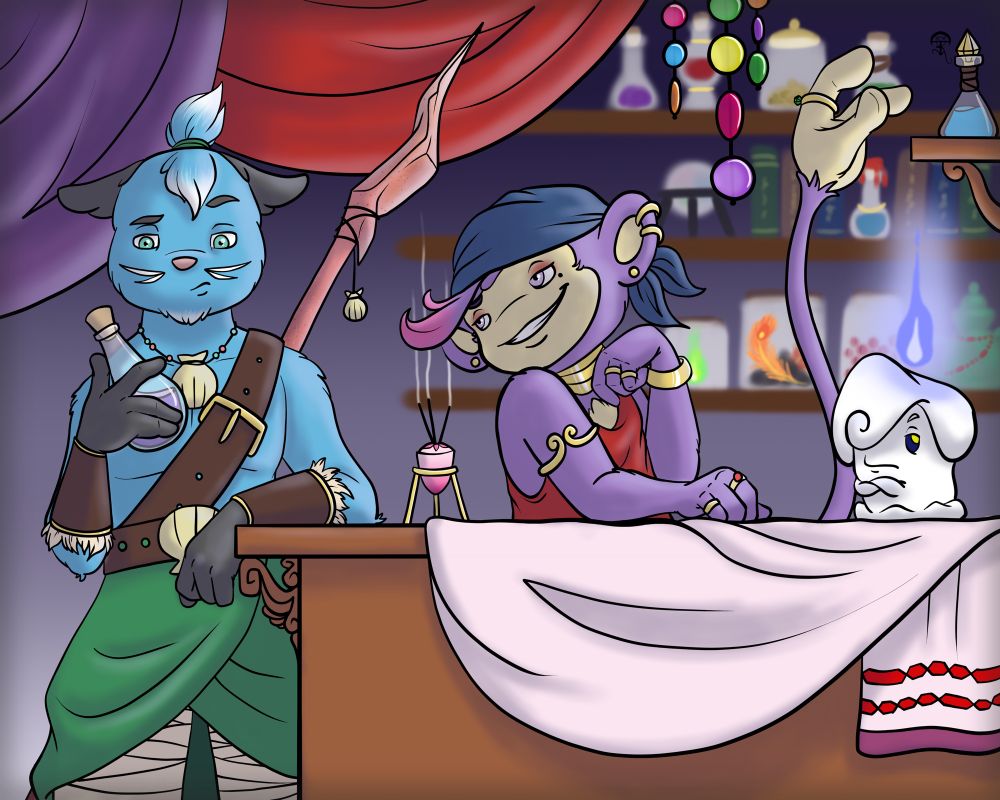 A Dewott is holding a potion in a potion shop and looking skeptical. An Aipom is watching him flirtatiously while going to grab another potion on a high shelf with their tail hand. A Litwick rolls her eyes at the Aipom’s flirting.