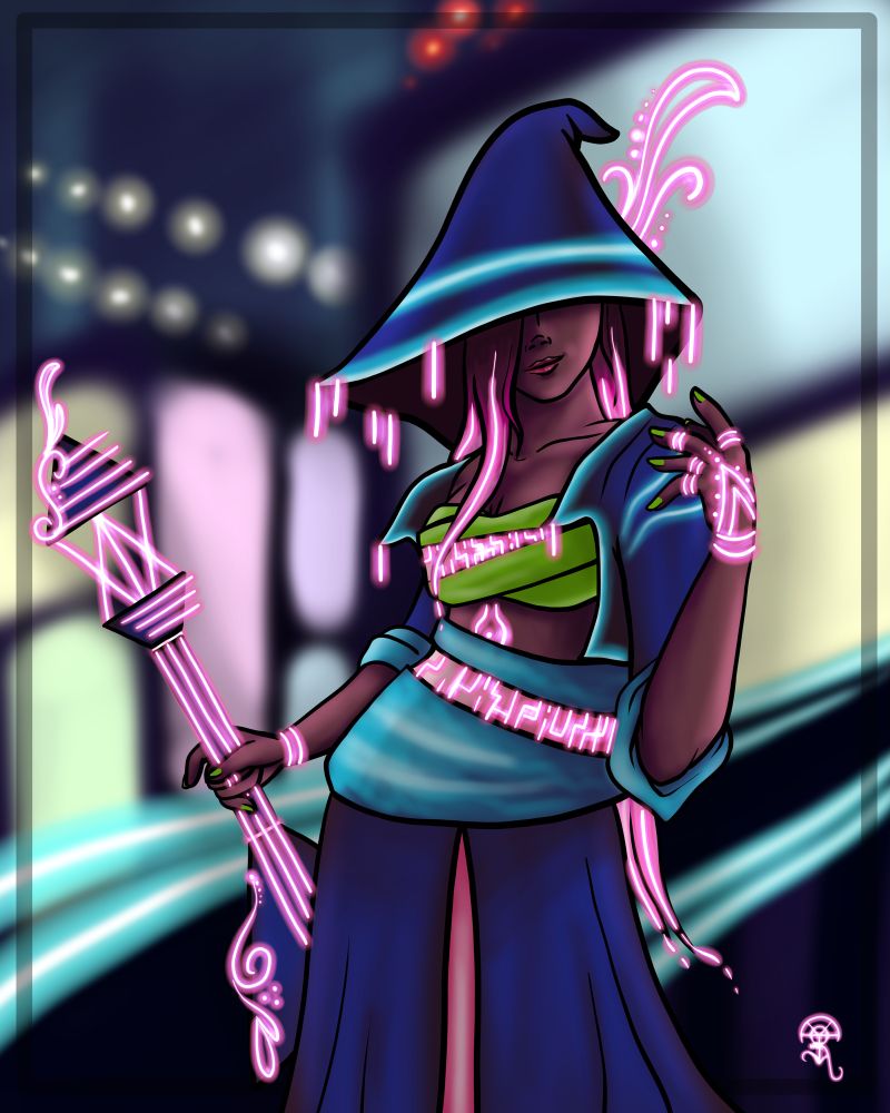 A woman in a cyberpunk city setting where a somewhat fantasy witch looking outfit that has pink neon accents and tattoos. Her hood is pulled down, covering her eyes. She is holding a futuristic guitar with pink neon strings and flourishes.