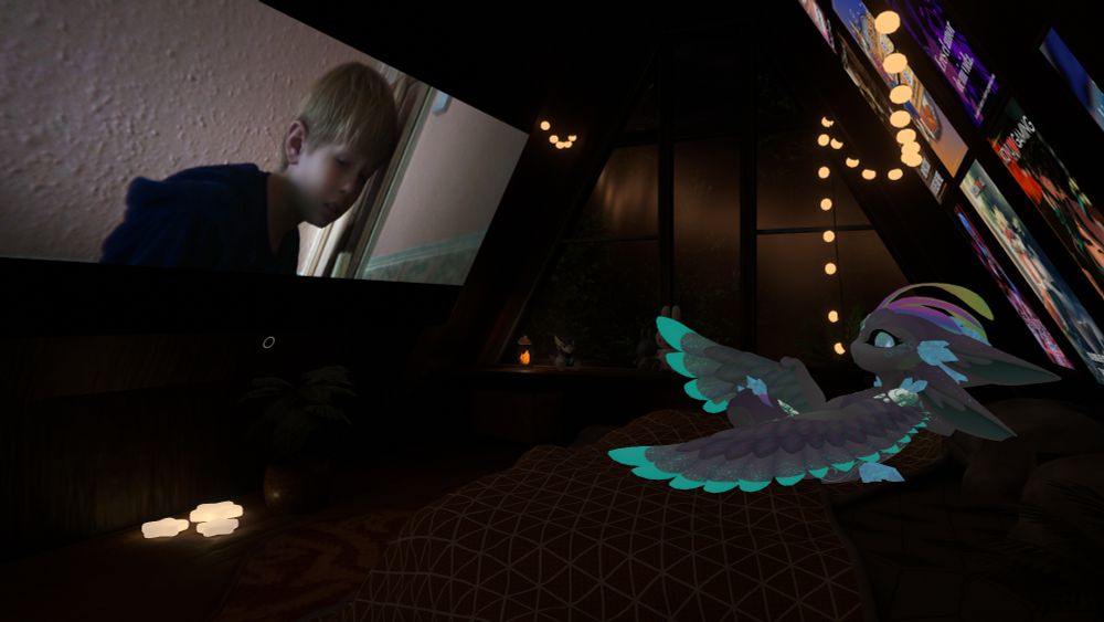 AVALI sat on bed watching 28 years later in vrc world popcorn palace.