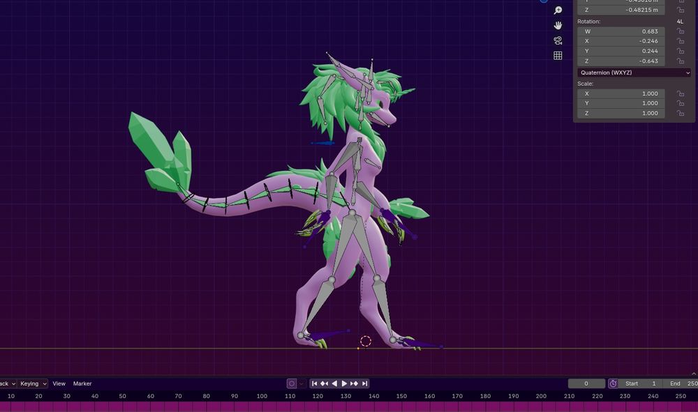 Starting to pose the walk cycle basics in blender. Side view of wickerbeast avatar bones in front. 