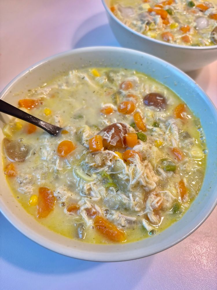 A delightful bowl of chicken stew. (Carrots, peas, onion, corn, chicken, potatoes, chicken bouillon, garlic slices, dill, rosemary, thyme, water, heavy cream, pepper, water)