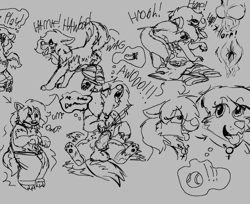 The dog-like character finds themselvies becoming even more canine in shape, a canine sheath poking out from their pants as they begin to slump down. She gets on all fours and wags her tail as the changes accelerate. The pants bunch up, then rip into shreds as her knot reveals itself, and she cums away any remaining comprehension of the english language, reduced to only howls and barks. her thoughts trail into a blur of horniness, now only represented by abstract images and punctuation in her head. As she cums again, soiling the remains of her clothing, the knot quickly inverts, and her genitals shrink into the feminine canine sex. Coooling off, she pants, then looks excitedly at the viewer, thinking about playing catch.