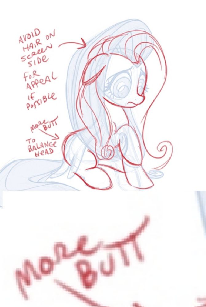 An annotated sketch of fluttershy from the MLP movie, with notes from the art director to give her a bigger butt to balance the silhouette between it and her head