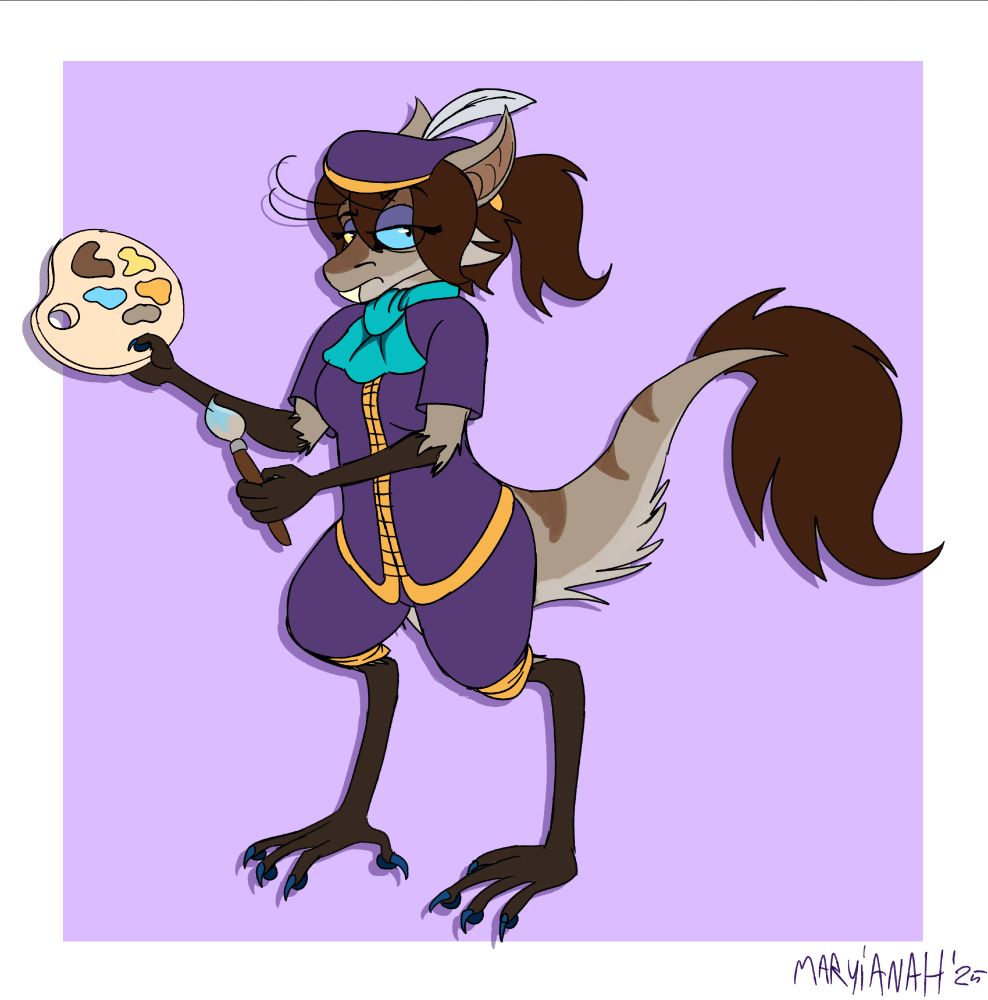 Flat color artwork of a yinglet dressed in a moderately fancy outfit of purple with golden accents. She is holding a painter's palette and a paintbrush. Her expression is dismal, with half-lidded eyes and a raised eyebrow.