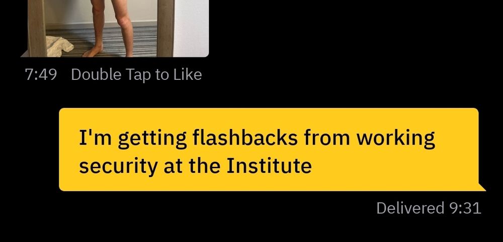 a nude man stands on a travelodge carpet. response reads 'im getting flashbacks from working security at the institute'