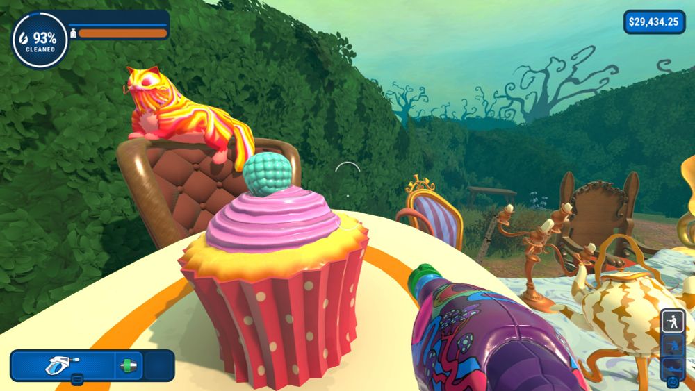 Cheshire Cat from Powerwash Simulator: Alice's Adventures. The cat is yellow with pink, orange, and white swirls. He's sleeping on top of a big chair with a vanilla cupcake with pink frosting and a blue raspberry on top between the cat and the viewer.