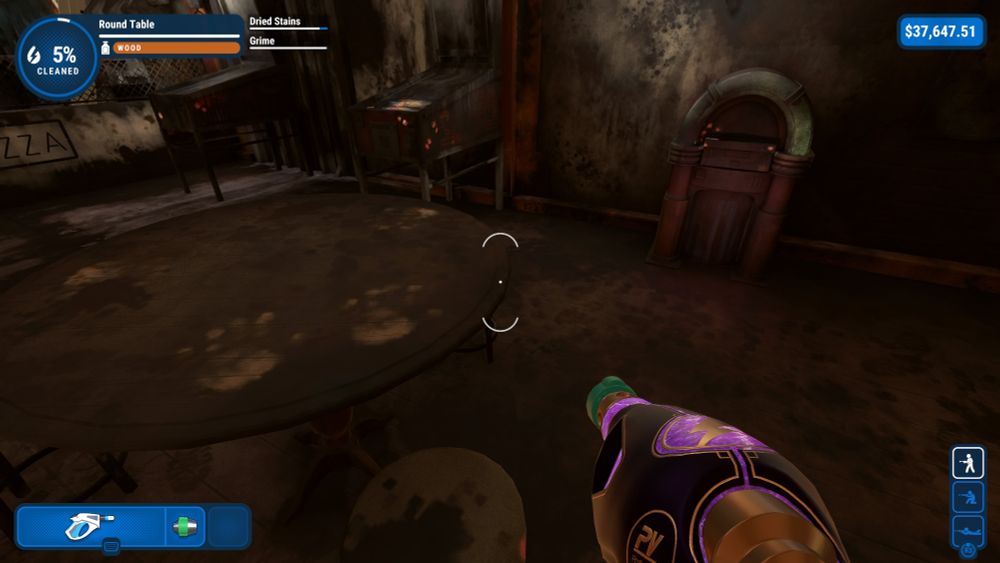 A screenshot from Powerwash Simulator's Midgar dlc inside Seventh Heaven. The inside of the bar is caked in grime. On one dirty table there are two clear handprints side by side on the tabletop.