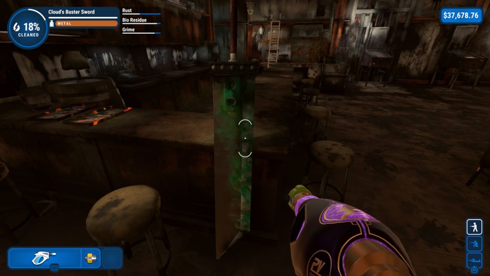 A screenshot from Powerwash Simulator's Midgar dlc inside Seventh Heaven and looking at Cloud Strife's buster sword covered in green residue. The dirt is labeled on the heads up display as rust, bio residue, and grime.