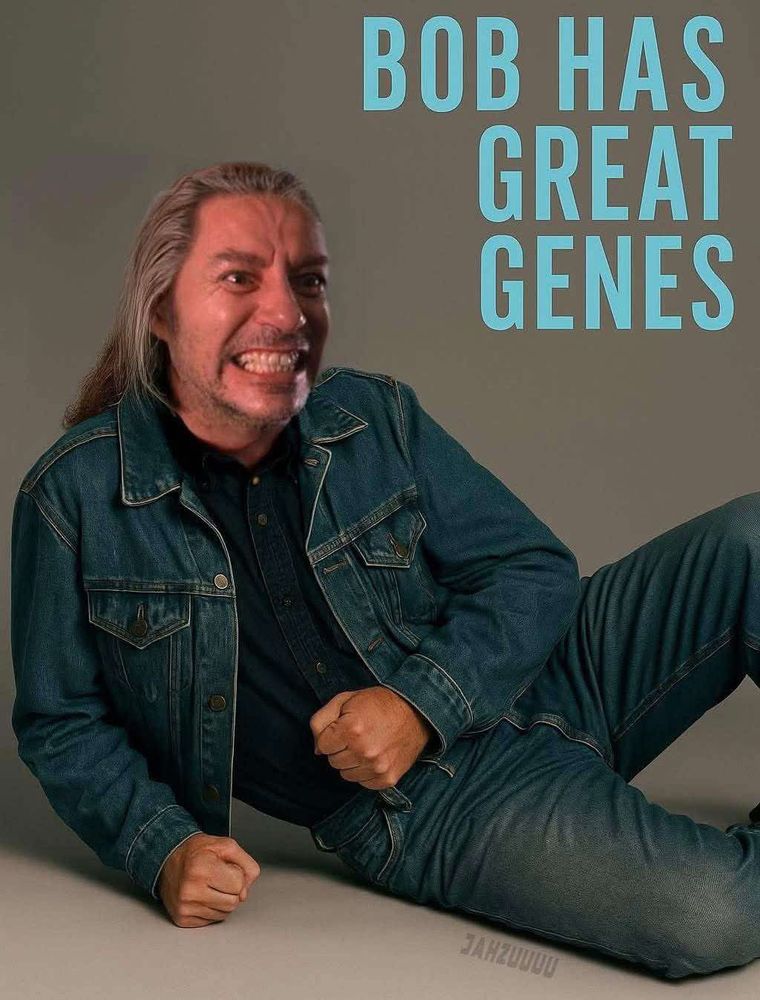 BOB from TWIN PEAKS reclines beneath the words “Bob Has Great Genes”