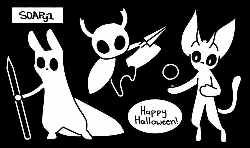 3 black and white solid colour drawings of Slugcat from Rain World, The Knight from Hollow Knight and, Ori from... Ori with text that says "Happy Halloween"
