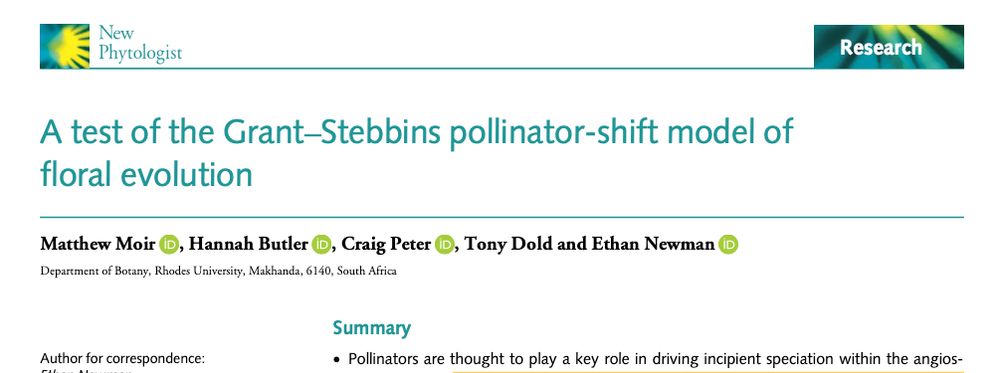 The title of the paper, 'A test of the Grant–Stebbins pollinator-shift model of floral evolution,' published in New Phytologist.