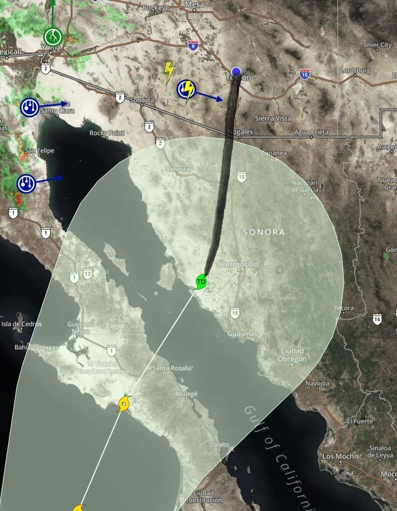 The hurricane Loranas' cone of probability extends from the Gulf of California shoreline to the border with Arizona. There is a black felt tip marker line that then facetiously extends the path of Lorena directly over Tucson. 