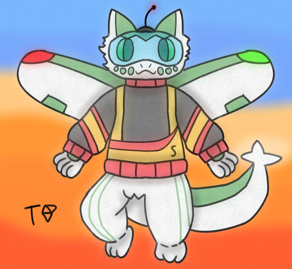 Scout floating in the air wearing a sweater based on some firefighting uniforms and the colored stripes on firefighting planes.