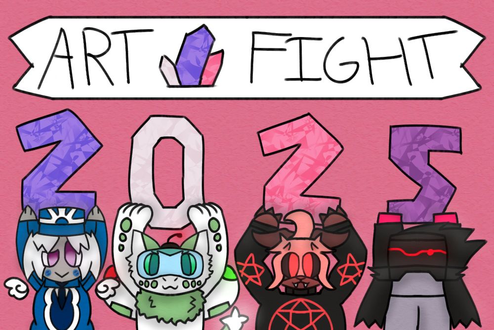 A celebration image for Art Fight 2025, with the characters listed below holding up the numbers "2025" made of crystal under a banner saying "Art Fight".
From left to right:
Incarnate by @localhypnofruit.bsky.social
Scout by @smoopadraw.bsky.social
Baphie by @gotelover.bsky.social
Delta by @phantom3ds.bsky.social 