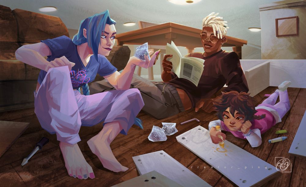 In a lit living room, jinx sits on the floor left side of the canvas with a bag of screws in her palm. Ekko in the middle back smiling, laying on the floor with the instruction manual in his hand. In the front right side, Isha lays on her stomach doodling a sun on a wood piece using a crayon