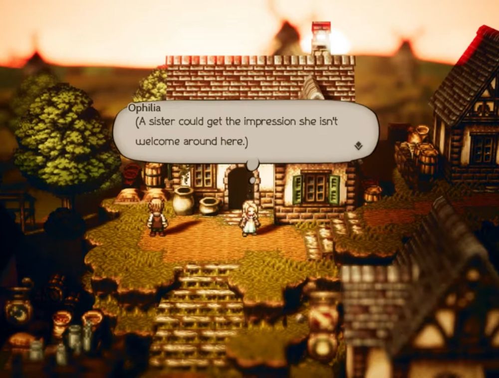 A screenshot of the game Octopath Traveler with a speech bubble from Ophilia that says “(A sister could get the impression she isn’t welcome around here)”