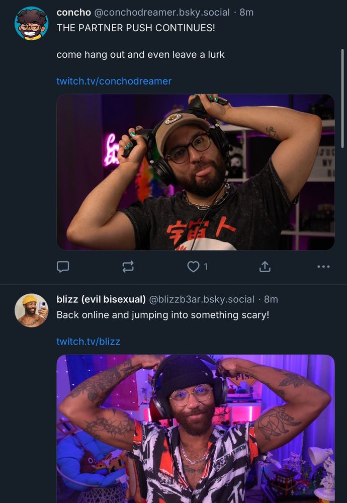 Bluesky posts from ConchoDreamer and blizz posing and flexing their arms at their desks in go live tweets, both posted 8m prior to this screenshot