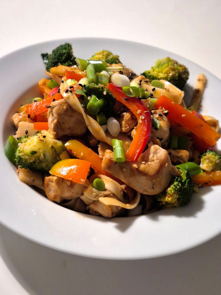 Teller mit Nudeln, gebratenen Hühnchenwürfeln, roter Paprika, Bambus, Brokkoli, Sesam, Frühlingszwiebeln