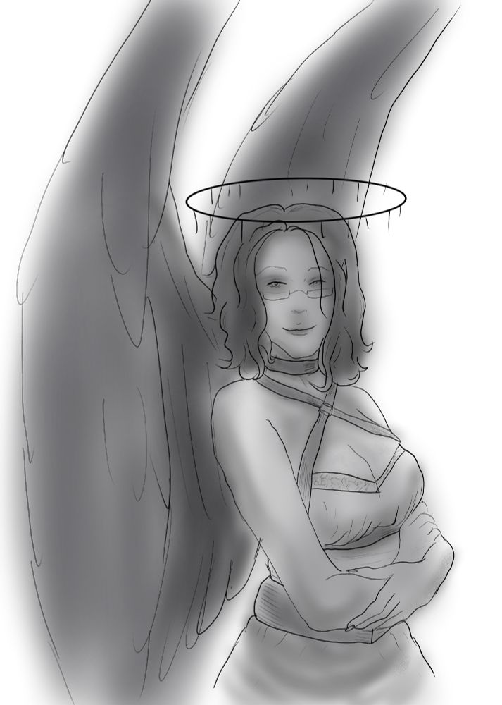 A mono tone smiling Lady Kiki, she has dark short wavy hair, dark wings and drippy halo, clad in a low cut dress and and leather harness and belt.