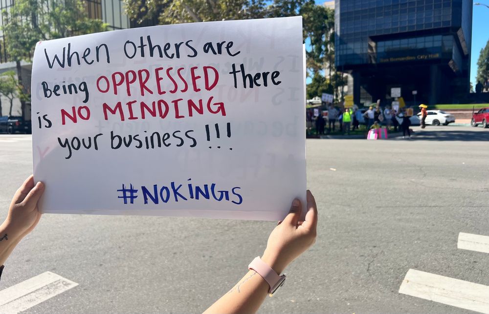 Sign reading "When others are Being OPPRESSED there IS NO MINDING your business!!! #NOKiNGS"

Protestors across the street in the background. 
