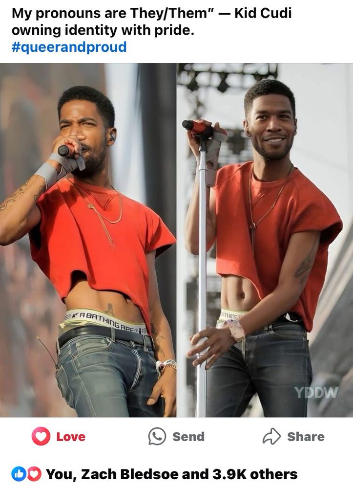 A screenshot captioned “my pronouns are they/them’ - Kid Cudi owning identify with pride. #queerandproud”

Two photos stitched together, both showing Kid Cudi (out spoken millennial black musician and actor) in a red crop top. They’re holding a mic and in the second photo they’re serving up the sexiest smirk known to mankind.