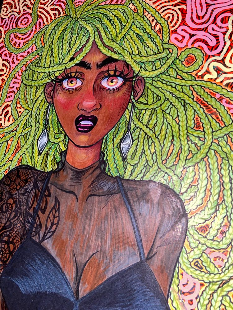 My fan art of a a comic called Snotgirl. Green box braids on a beautiful Black and Desi Lottie aka “Snotgirl” 

She’s also wearing a sheer and lace black top with a black cone bra.