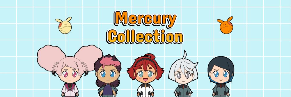 Banner of the Mercury collection including Suletta Mercury, Miorine Rembran, Guel Jeturk, Chuatury Panlunch and Nika Nanaura from Gundam the Witch from Mercury