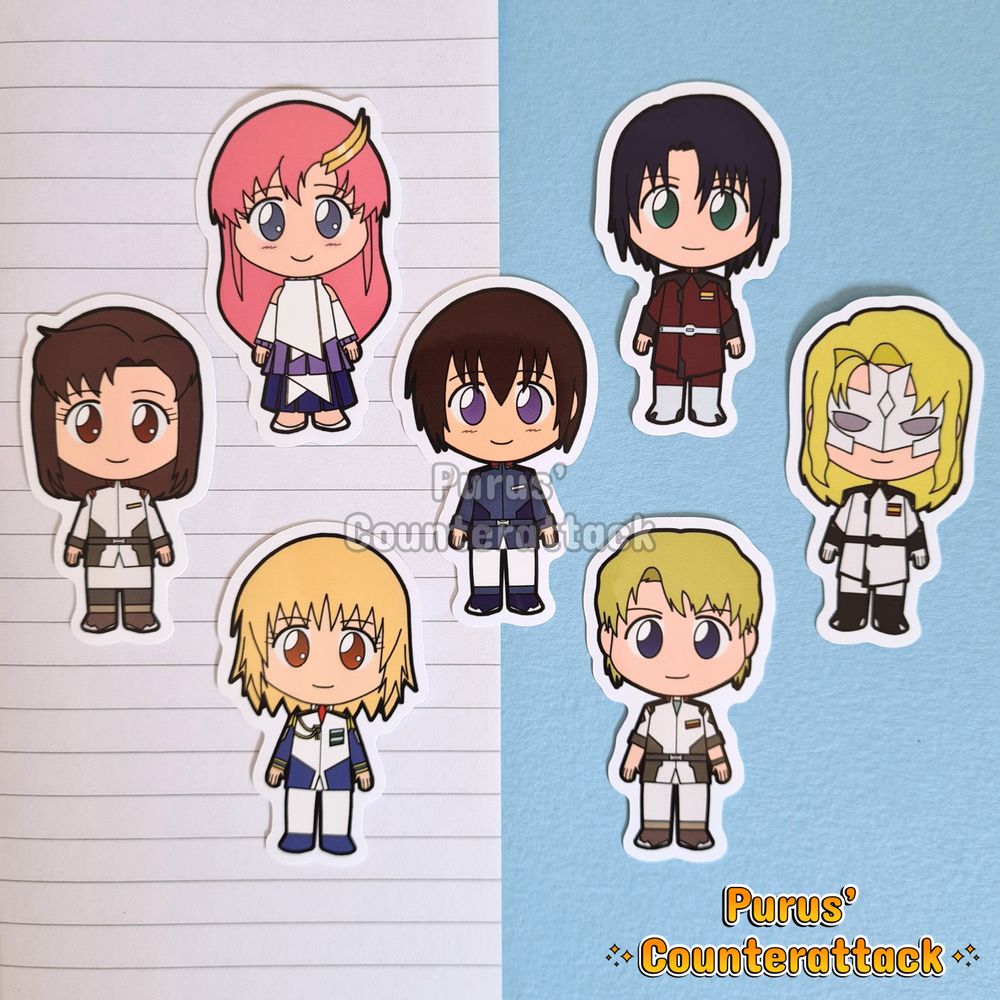 chibi anime fan merch stickers of characters from Gundam SEED including Kira, Athrun, Lacus, Cagalli, Mu, Murrue, and Rau