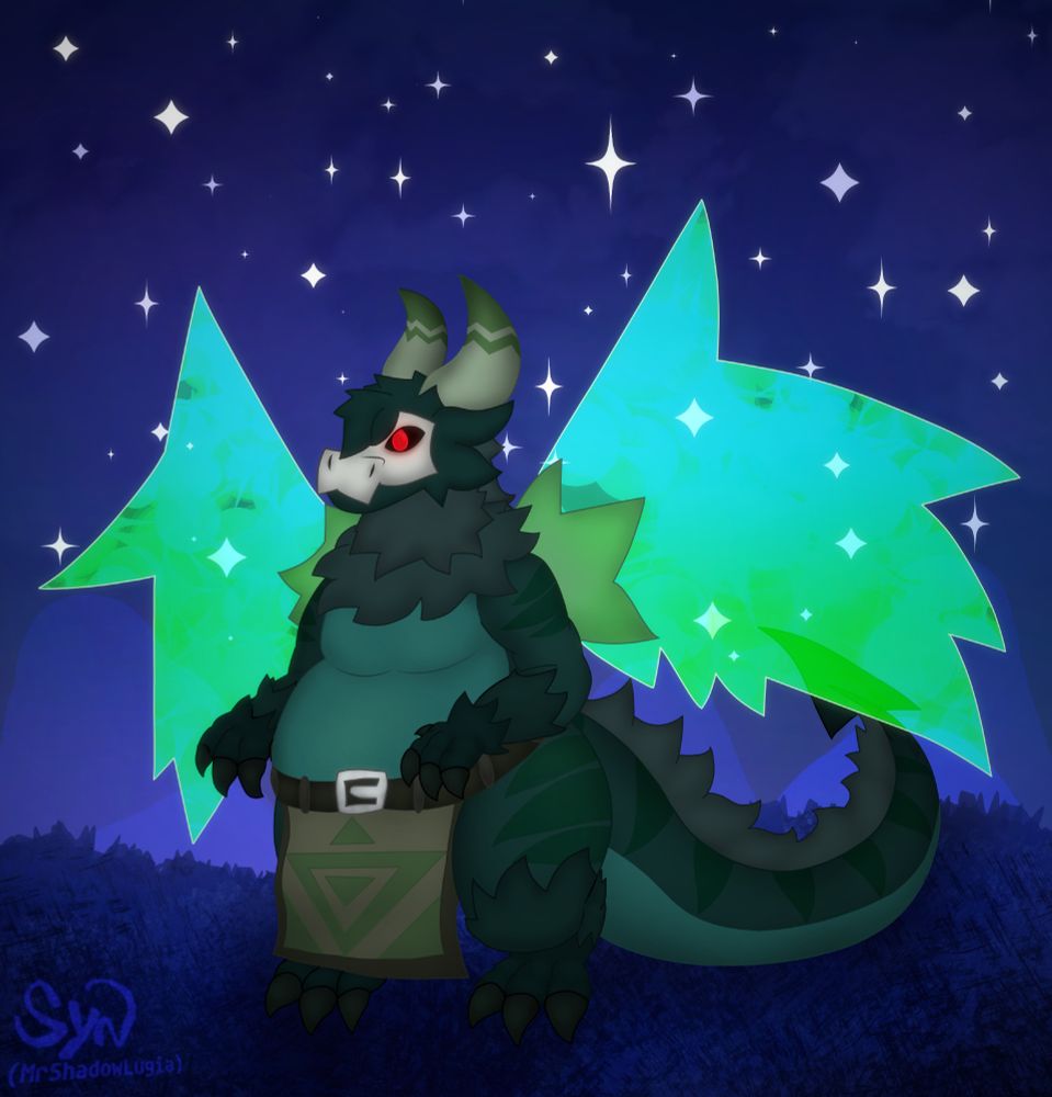 An amazing big green pear-shaped dragon that wears loincloth, he has extra fluffiness and his magical energy wings glows on the grass hills under the starry night. Beside that, he can finally be a dragon and that's so fuckin' cool!