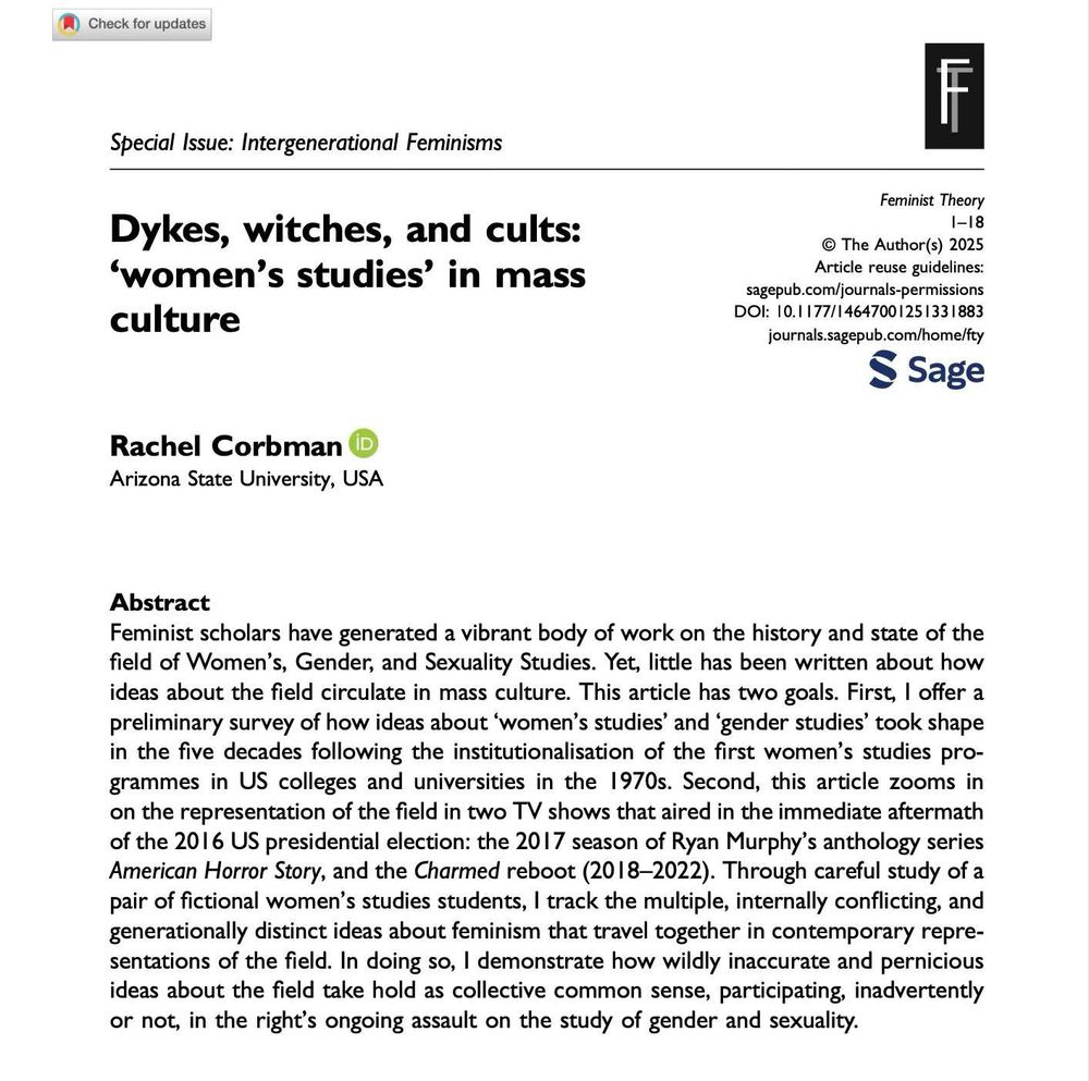 Sceeencap of the title and abstract of my article “dykes, witches, and cults: women’s studies in mass culture” 