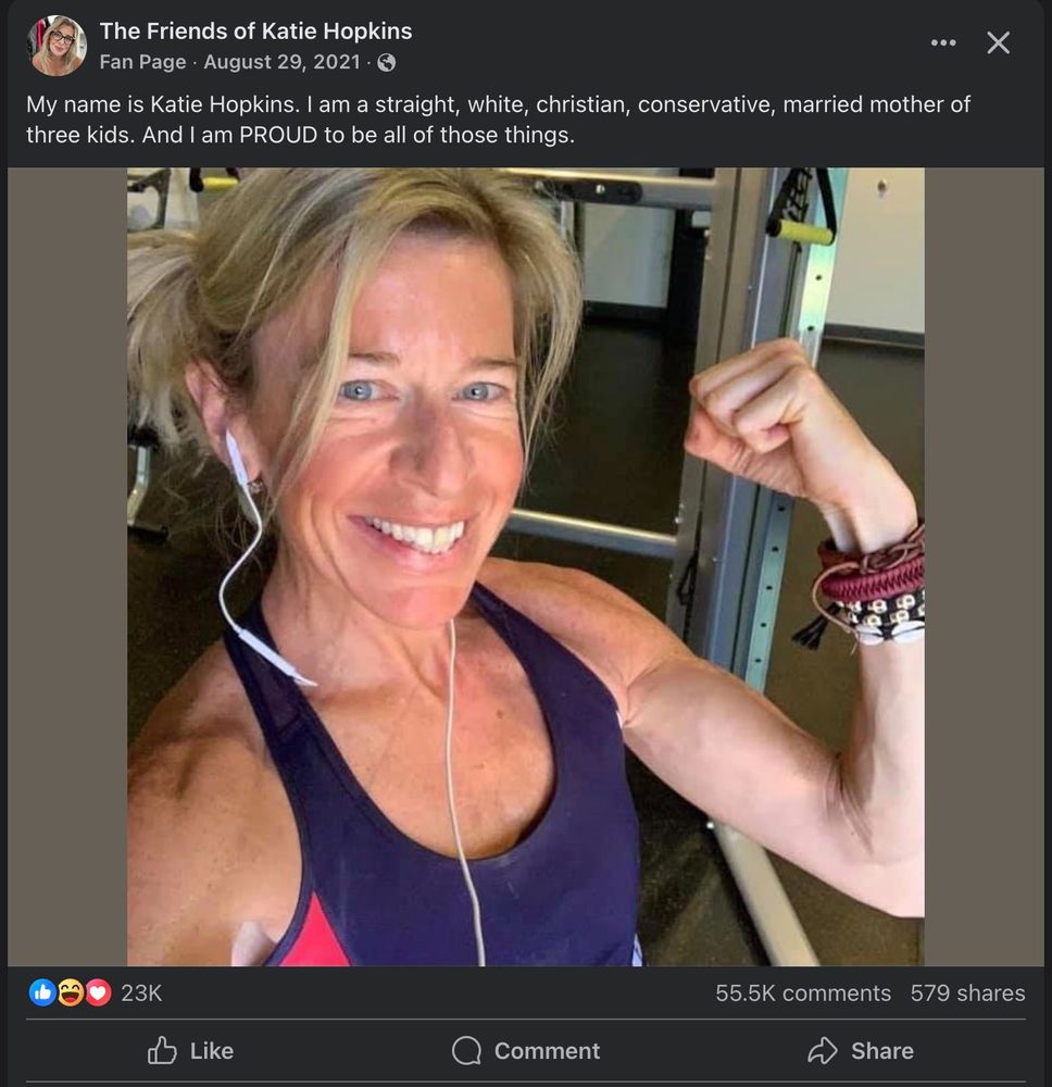 A woman flexing with the caption "My Name is Katie Hopkins. I am a straight, white, christian, conservative, married mother of three kids. And I am PROUD to be all of those things."