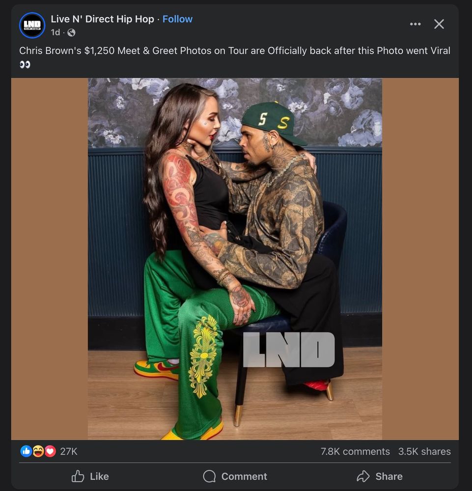 Chris Brown getting a lap dance from a fully clothed person with the caption "Chris Brown's $1,250 Meet & Greet Photos on tour are officially back after this Photo went Viral"